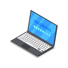 Laptop with password isometric 3D icon. Modern technology gadget, security protection sign, private access on electronic device vector illustration.