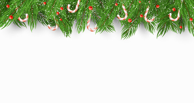 Christmas background with a Christmas tree, candies and snow berries. White background. Falling snowflakes. Template for your project. Vector