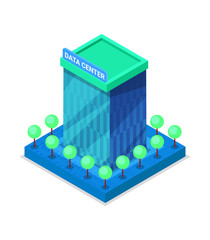 Modern data center building isometric 3D icon. Data storage, computer innovation technology infrastructure vector illustration.