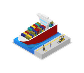 Container ship in port isometric 3D icon. Worldwide delivery service, freight sea shipping vector illustration isolated on white background.