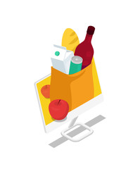 Online shopping isometric 3D icon with product package on computer monitor screen. Interactive market food order, retail and distribution isolated vector illustration.