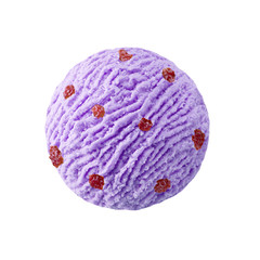 lavender blueberry ice cream scoop with strawberry, violet forest fruit blueberry ice-cream ball with strawberries, fruits, pieces