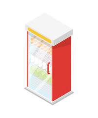Showcase refrigerator for food and drinks isometric 3D icon. Supermarket fridge dispenser, cooling machine isolated vector illustration.