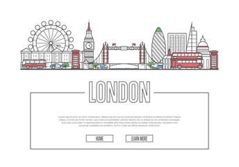Travel London vector composition with famous architectural landmarks in linear style. Worldwide traveling and time to travel concept. London national attractions on white background, global tourism.
