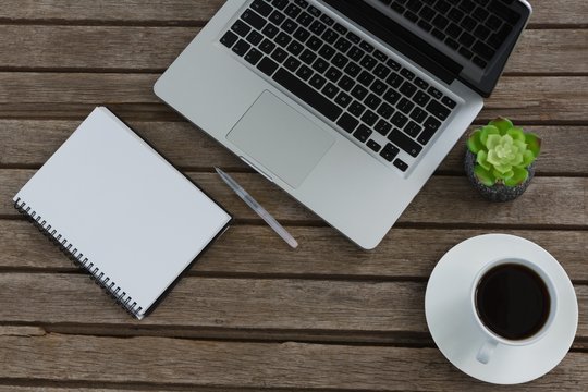 Laptop, notepad, pen, pot plant, and coffee on wooden plank