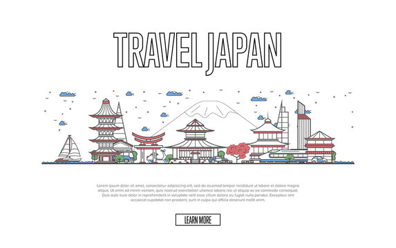 Travel Japan poster with architectural attractions in linear style. Worldwide traveling, time to travel concept. Japanese skyline with famous landmarks, country tourism and journey vector background.