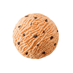 Grapefruit ice cream scoop with chocolate pieces, orange apricot melon  sorbet ice-cream ball with chocolate