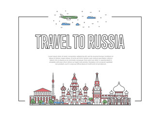 Travel to Russia poster with famous architectural attractions in linear style. Worldwide traveling and time to travel concept. Russian landmarks, global tourism and journey vector background.