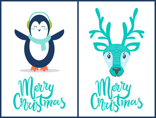 Merry Christmas Penguin, Deer Vector Illustration