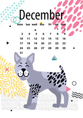 December Calendar for 2018 Year with Bullterrier