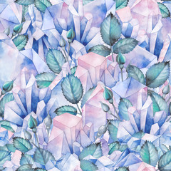 Watercolor pattern with crystals and rose leaves