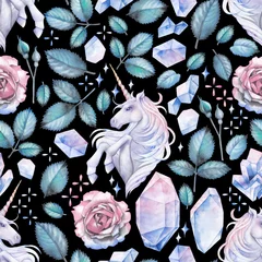 Wall murals Unicorn Watercolor design with unicorn and rose vignette