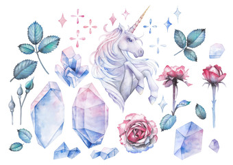 Watercolor design with unicorn and rose vignette © Ekaterina Glazkova