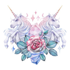Watercolor design with unicorn and rose vignette