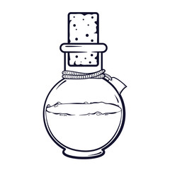 Laboratory cartoon bottle in line art style, black and white version, vector illustration isolated on white background