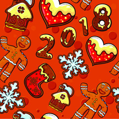 Hand drawn sketch pattern with gingerbread cookies. Repeat pattern. Vector illustration.