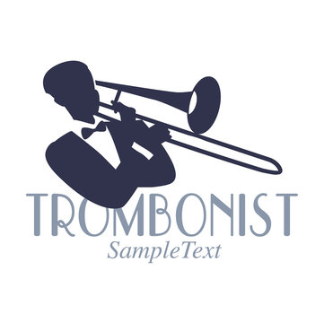 Retro style emblem of trombonist silhouette. Jazz symbol