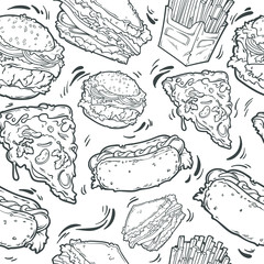 Pattern for fast food shop, repeat pattern, vector illustration isolated on white background, ornament delicious meal.