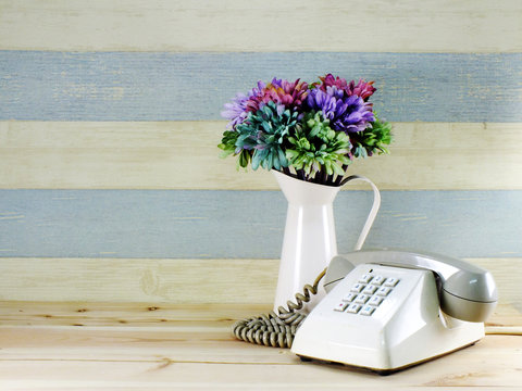 retro telephone home decor interior with flowers bouquet