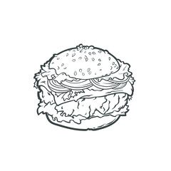 Vector hand drawn monochrome sketch of burger illustration isolated on white background. Tasty fresh fast-food hamburger or cheese burger with vegetables. Burger with onion lettuce tomato and cheese.