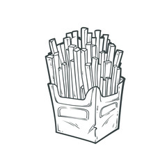 Sketch potato fries, monochrome line art style. Vector hand drawn cartoon illustration isolated on white background. Tasty fast food in sketch style