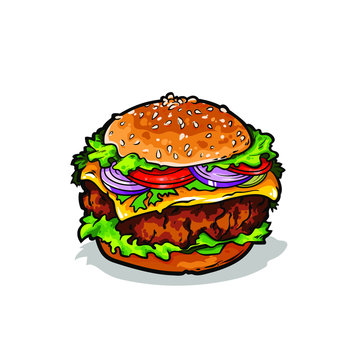 Vector sketch of burger with tomatoes, onion, meat and green leaf of salad, big burger retro style, vector illustration isolated on white background, cartoon line art style.