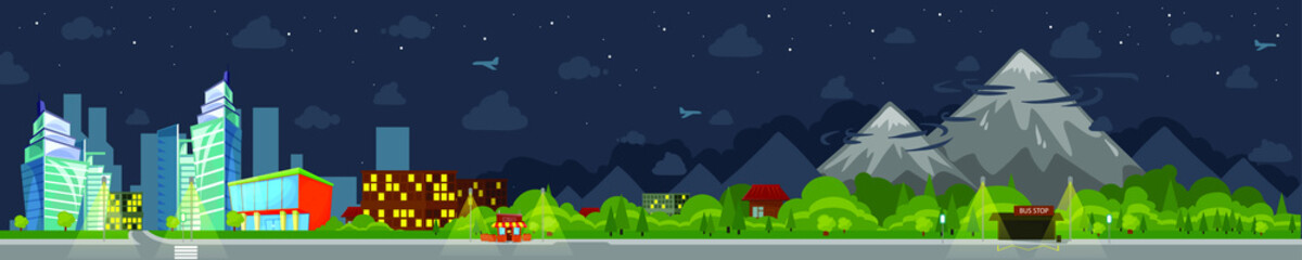 Night city panorama, vector cartoon illustration with buildings, mountains, bus stop, fruit shop, nature, houses, market, road and something else