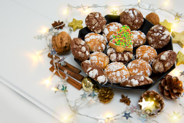Chocolate Christmas Cookies with decoration and fir tree isolated.