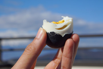 Man hand shows black eggs owakudani  on the volcano Fuji.