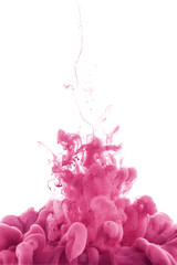 close up view of pink paint splash in water, isolated on white