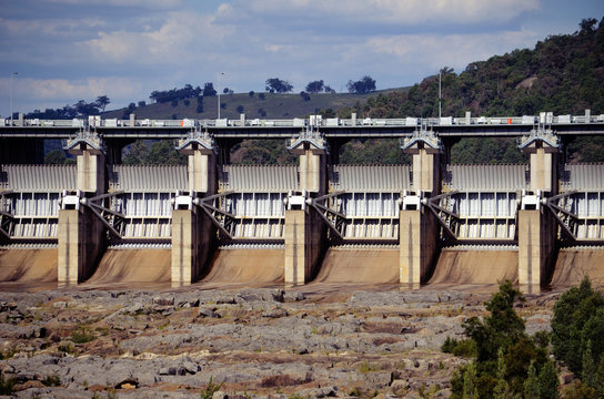 Close up of radial Spillway gates of Wyangala Dam in the Lachlan River Valley, central west region, of New South Wales, Australia