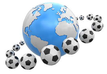 Soccer footballs around Globe. Image with clipping path
