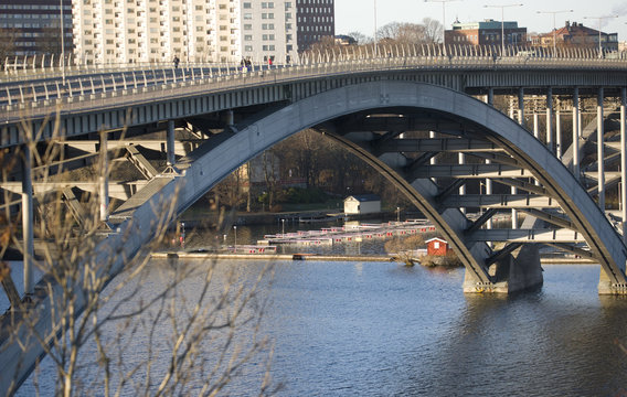 Stockholm waterfront, a span of Vasterbron in pale midwinter sun