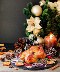 Baked turkey or chiken or Christmas or New Year Thanksgiving Day space for text
