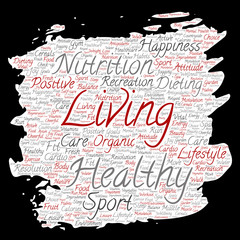 Vector conceptual healthy living positive nutrition sport paint brush paper word cloud isolated background. Collage of happiness care, organic, recreation workout, beauty, vital healthcare spa concept