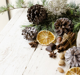 New Year or Christmas composition with walnuts, mulled wine wood background, selective focus