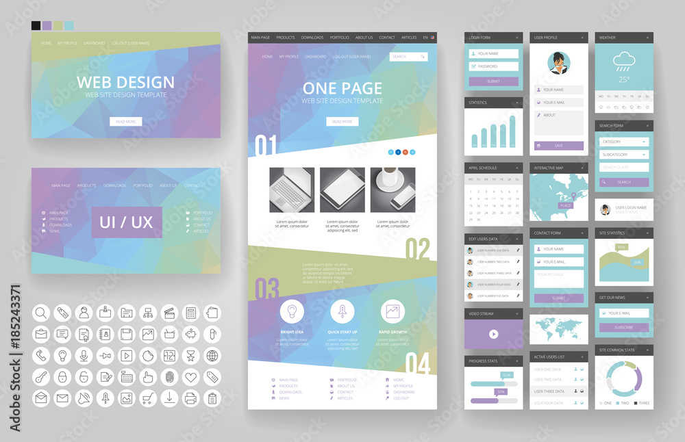 Wall mural website design template and interface elements