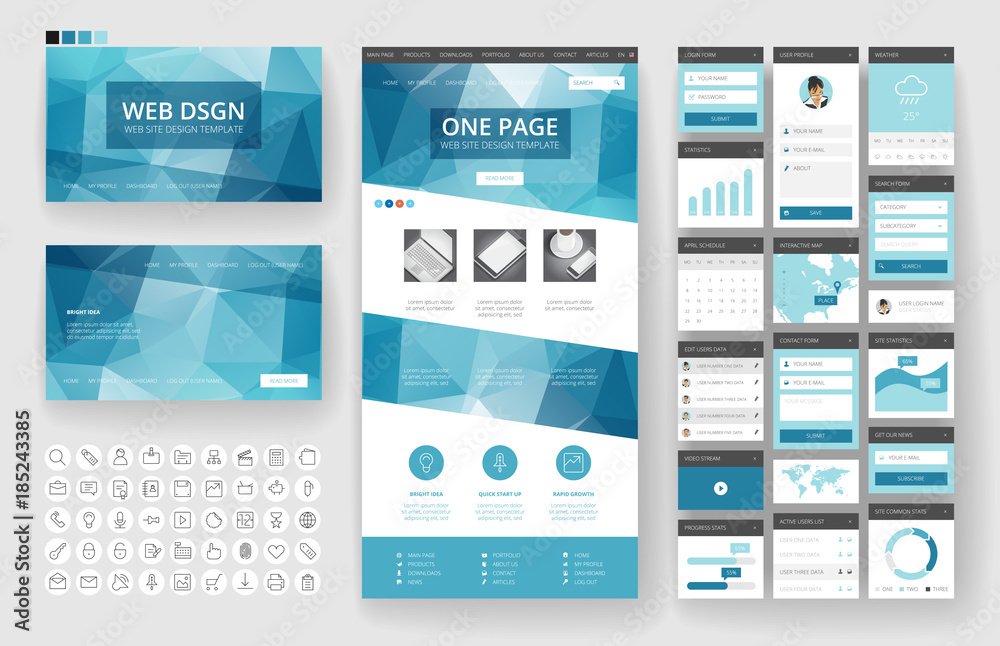 Wall mural website design template and interface elements