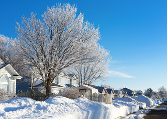 Residential North American neighborood after a major snowfall.