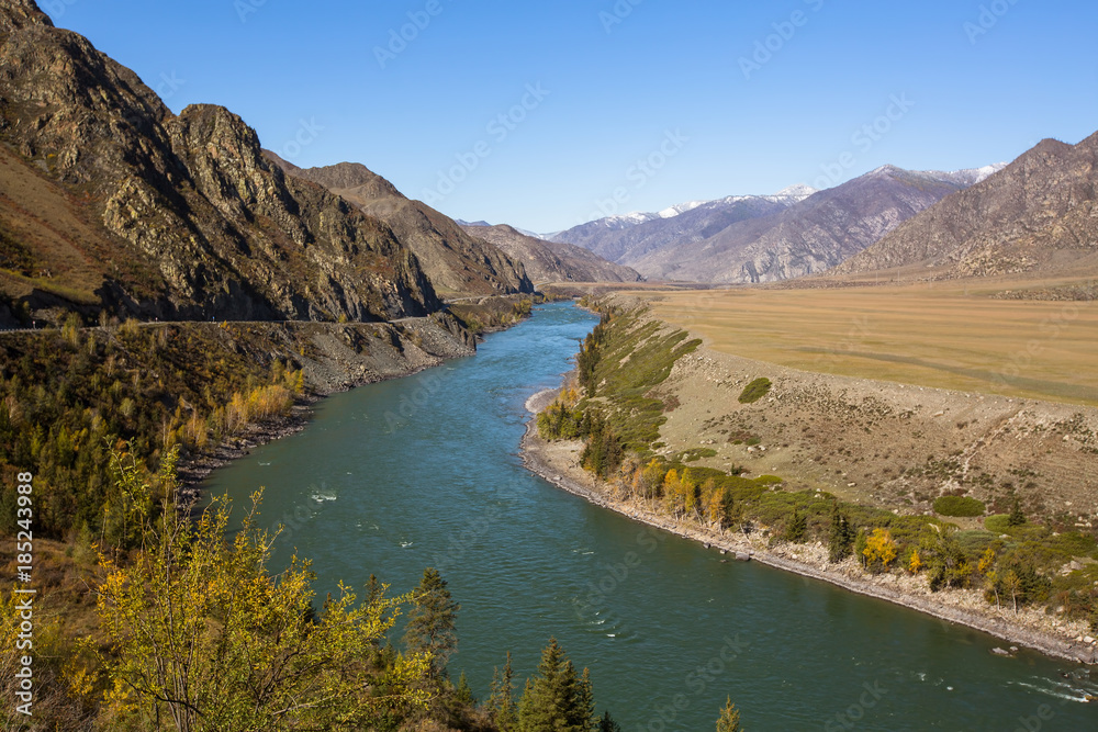 Sticker katun river in altai mountains, russia.