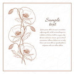 Abstract botanical card, background, banner with hand drawn outline poppy flowers. Beige sketch drawing on white background. Creative vector design for greeting cards, wedding invitations, cosmetics.