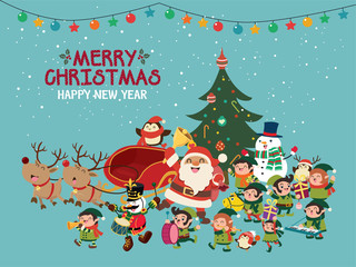 Vintage Christmas poster design with vector toy soldier, Santa Claus, elf, snowman, penguin, penguin characters.