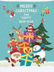 Vintage Christmas poster design with vector toy soldier, Santa Claus, elf, snowman, penguin, characters.