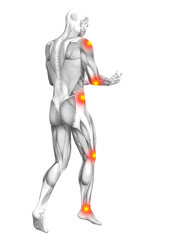 Conceptual human muscle anatomy with red and yellow hot spot inflammation or articular joint pain for health care therapy or sport concepts. 3D illustration man arthritis or bone osteoporosis disease
