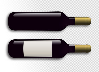 Illustration of red wine bottles with transparent background. Wine bottles with shadow. Wine bottles with label. Vector drawing isolated.