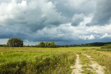 Country road, meadow and cloudy sky