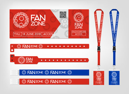Mockup of different access control designs. Bracelets, ticket and lanyards. Design for fan zone football event.