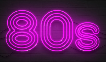 disco dance 80s neon sign lights logo text glowing color purple on dark black brick background, vintage style