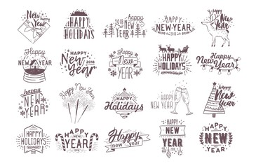 Set of holiday Happy New 2018 Year handwritten lettering decorated with hand drawn traditional festive attributes - fir tree, champagne, gift, light garland, baubles. Monochrome vector illustration.