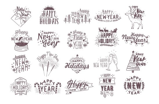Set of holiday Happy New 2018 Year handwritten lettering decorated with hand drawn traditional festive attributes - fir tree, champagne, gift, light garland, baubles. Monochrome vector illustration. - Powered by Adobe